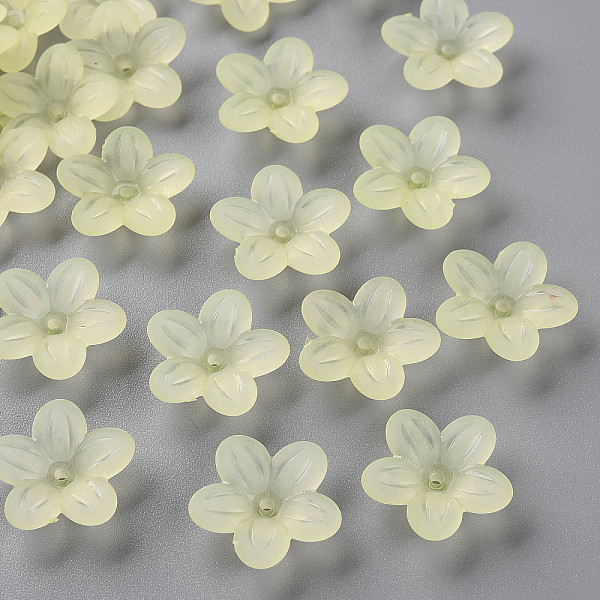 

PandaHall Frosted Acrylic Bead Caps, 5-Petal, Flower, Green Yellow, 19.5x20x5.5mm, Hole: 1.6mm, about 740pcs/500g Acrylic
