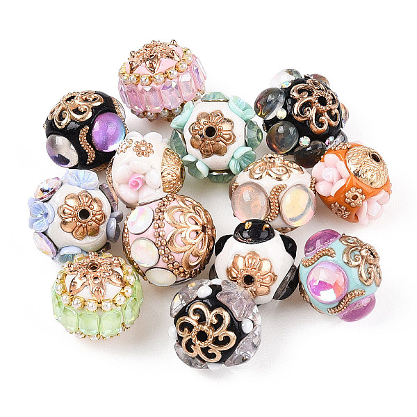 Handmade Indonesia Alloy Beads, with Resin Findings and Rhinestone, Rondelle with Flower, Mixed Color, 15.5-18x15.5-20.5x15.5-20.5mm, Hole: 1.4-2mm