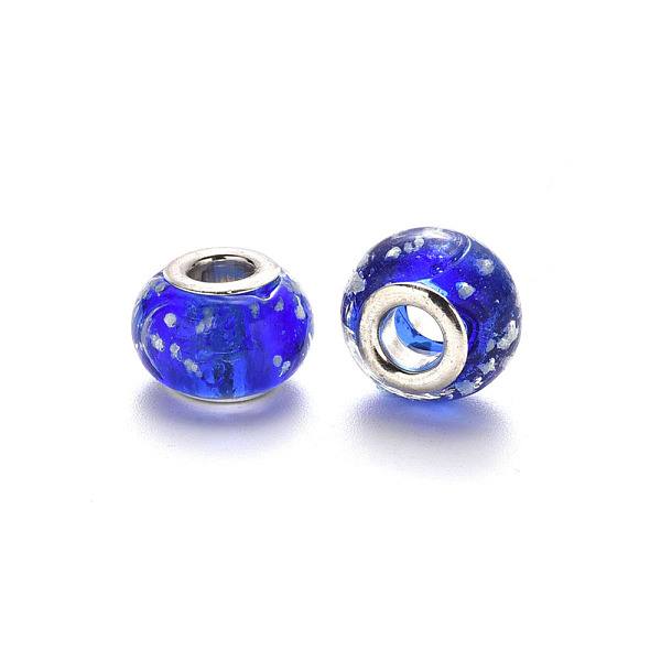 

PandaHall Handmade Luminous Lampwork European Beads, Glow In The Dark, Large Hole Beads, with Platinum Tone Brass Double Cores, Rondelle..., Blue