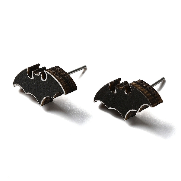 

PandaHall Wood Stud Earrings, with 316 Surgical Stainless Steel Pin, Halloween Theme, Black, Bat, 16x8mm Wood Bat Black