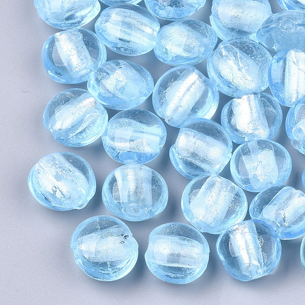 

PandaHall Handmade Silver Foil Lampwork Glass Beads, Flat Round, Light Sky Blue, 12~13.5x11.5~13.5x7.5~8.5mm, Hole: 1~2mm Silver Foil Flat...