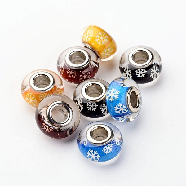 

PandaHall Resin European Beads, Christmas Theme, Large Hole Rondelle Beads, with Snowflake Pattern and Brass Double Cores, Platinum, Mixed..., Multicolor