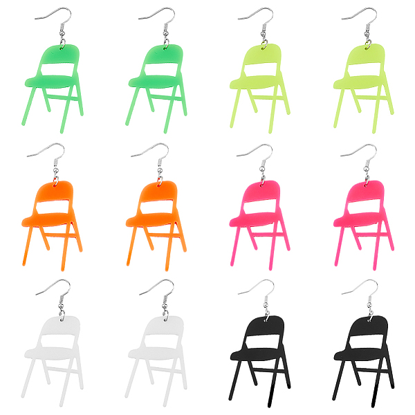6 Pairs 6 Colors Acrylic Chair Dangle Earrings with Steel Iron Pins