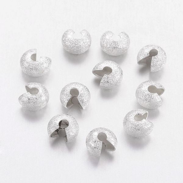 PandaHall Brass Crimp Beads Covers, Silver Color Plated, About 5mm In Diameter, 4mm Thick, Hole: 2.2mm Brass