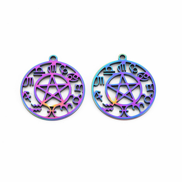 

PandaHall 201 Stainless Steel Hollow Pendants, Flat Round with Star & 12 Constellations, Rainbow Color, 28x25x1.5mm, Hole: 2mm 201 Stainless...