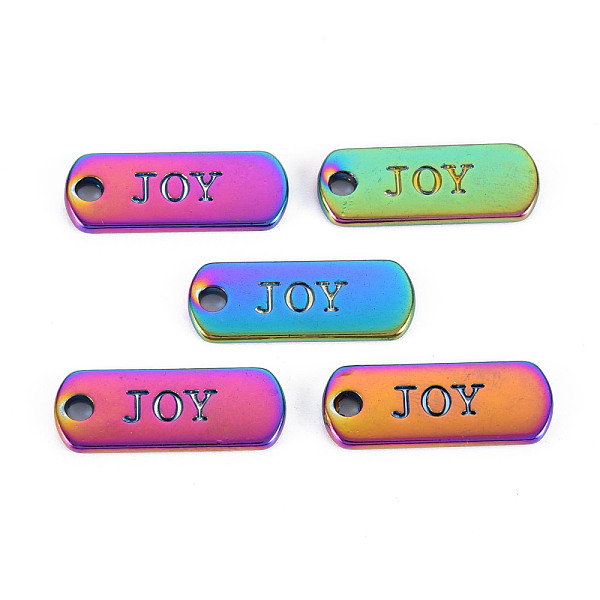 

PandaHall Rainbow Color Alloy Charms, Cadmium Free & Nickel Free & Lead Free, Oval with Joy, 21x8x1.5mm, Hole: 2mm Alloy Oval
