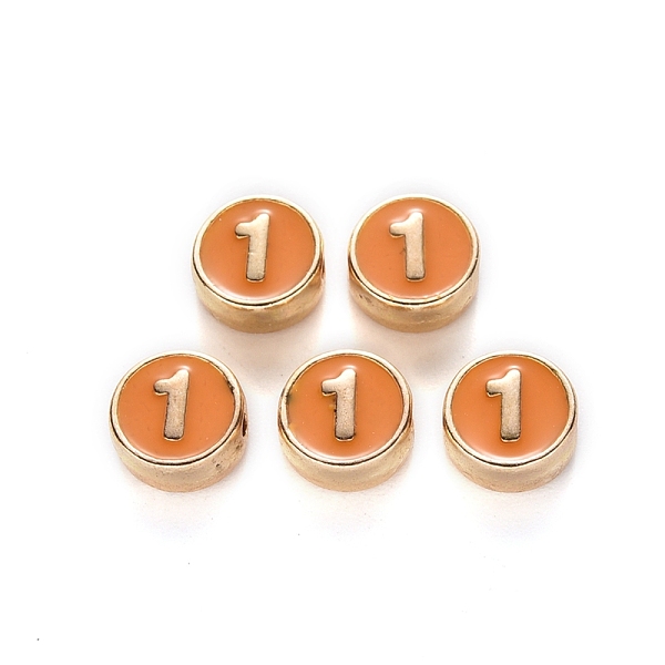 PandaHall Alloy Enamel Beads, Flat Round, Number, Cadmium Free & Lead Free, Light Gold, Orange, 8x3.5mm, Hole: 1.5mm Alloy+Enamel Number...