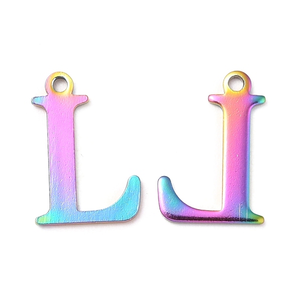 

PandaHall Ion Plating(IP) 304 Stainless Steel Alphabet Charms, Rainbow Color, Letter.L, 12x8x1mm, Hole: 1mm 304 Stainless Steel Letter L
