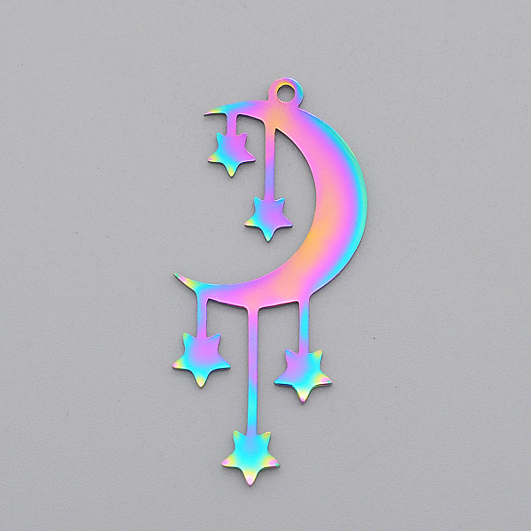 

PandaHall Ion Plating(IP) 201 Stainless Steel Pendants, Laser Cut, Moon with Star, Rainbow Color, 41.5x18x1mm, Hole: 1.8mm 201 Stainless...
