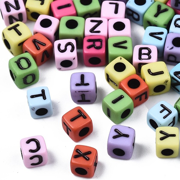 

PandaHall Opaque Acrylic Beads, Cube with Letter, Mixed Color, 4x4x4.5mm, Hole: 2mm, about 5000pcs/500g Acrylic Letter Multicolor