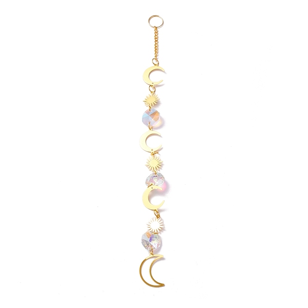 PandaHall Hanging Crystal Aurora Wind Chimes, with Prismatic Pendant and Moon & Sun Iron Link, for Home Window Chandelier Decoration, Golden...