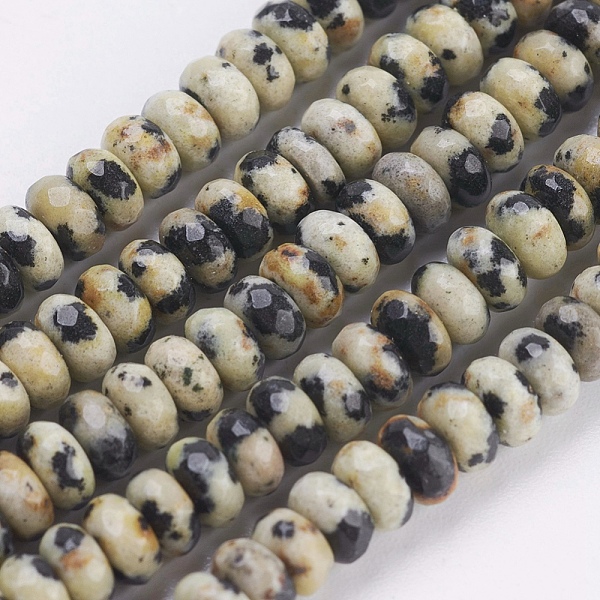 

PandaHall Natural Dalmatian Jasper Beads Strands, Faceted, Rondelle, 4~4.5x2~2.5mm, Hole: 1mm, about 150pcs/strand, 15.1 inch~15.3 inch...