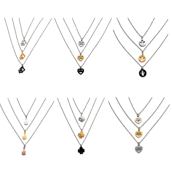 

PandaHall 304 Stainless Steel 3 Layer Necklaces, with Cable Chains, Mixed Shapes, Mixed Color, 16.1~16.4 inch(41~41.7cm) 304 Stainless Steel