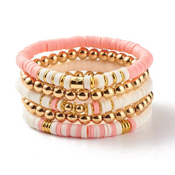 

PandaHall 5Pcs 5 Style Synthetic Hematite & Polymer Clay Heishi Beads Stretch Bracelets Set, Yoga Surfering Stackable Bracelets for Women..., Pink