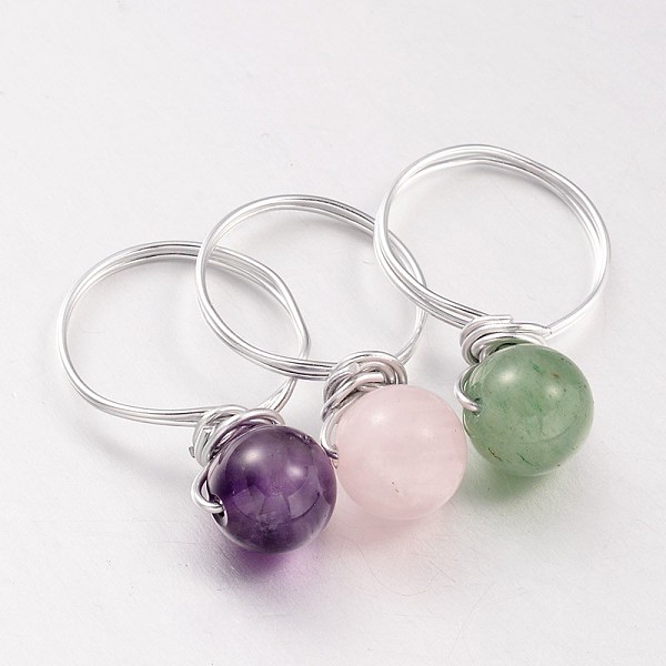 

PandaHall Natural Gemstone Beaded Finger Rings, with Silver Color Plated Aluminum Finger Ring Settings, 18mm Mixed Stone Multicolor