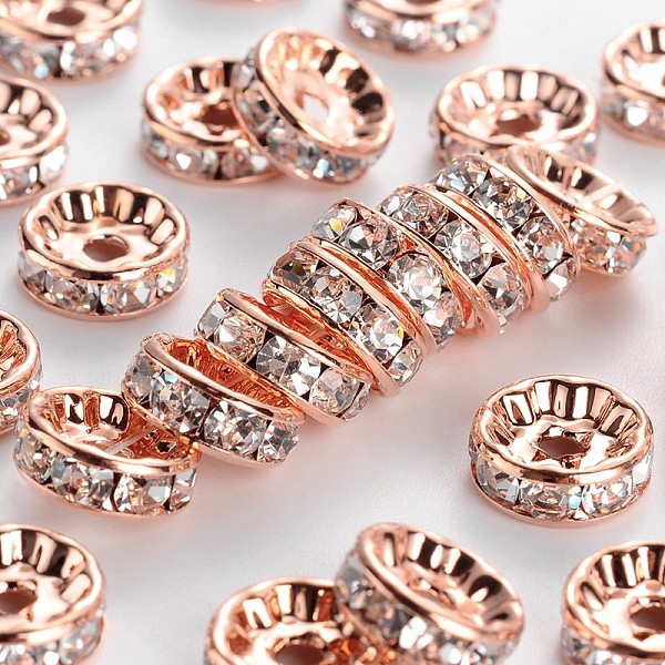 

PandaHall Brass Rhinestone Spacer Beads, Grade AAA, Straight Flange, Nickel Free, Rose Gold Metal Color, Rondelle, Crystal, 10x4mm, Hole..., Clear