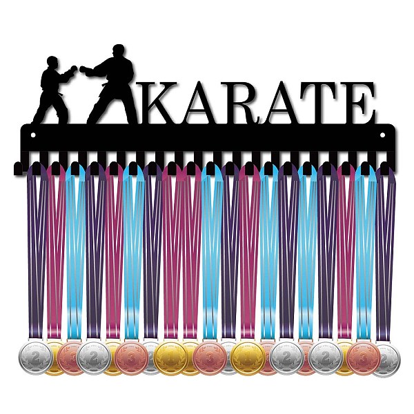 

PandaHall Iron Medal Holder Frame, Medals Display Hanger Rack, Rectangle with Word Karate, Electrophoresis Black, 140x400mm Iron Word