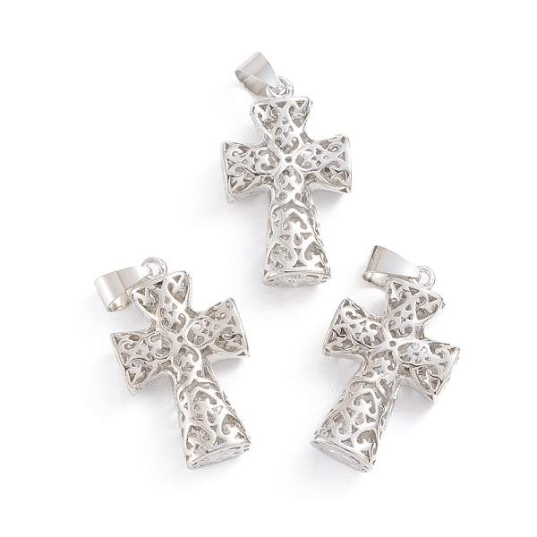 

PandaHall Rack Plating Brass Pendants, Hollow, Cross, Platinum, 26x15.5x6mm, Hole: 4x6mm Brass Cross