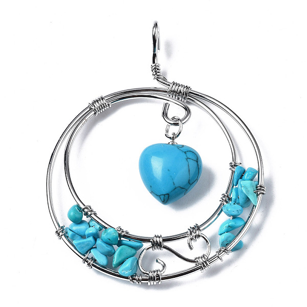 PandaHall Synthetic Turquoise Big Pendants, Wire Wrapped Pendants, with Plamtinum Brass Wires, Rack Plating, Flat Round with Heart, Dyed...