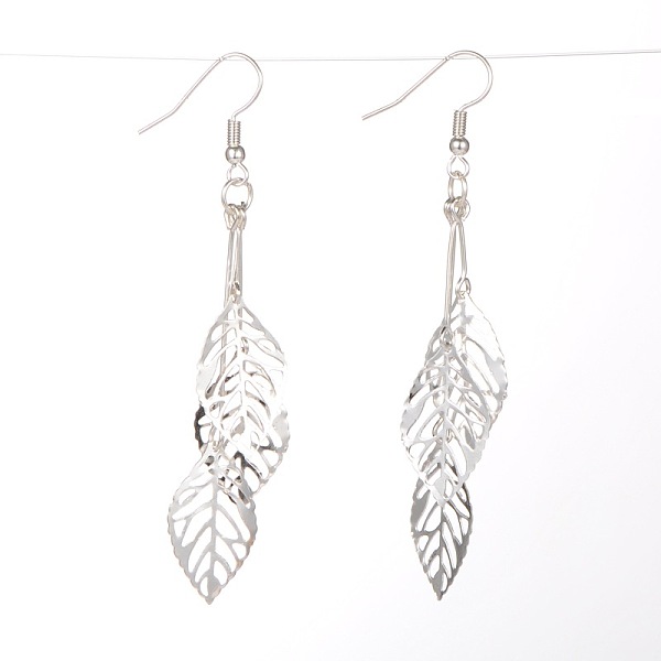 

PandaHall Trendy Women's Dangling Iron Leaf Earrings, with Brass Earring Hooks, Silver Color Plated, 73mm Iron