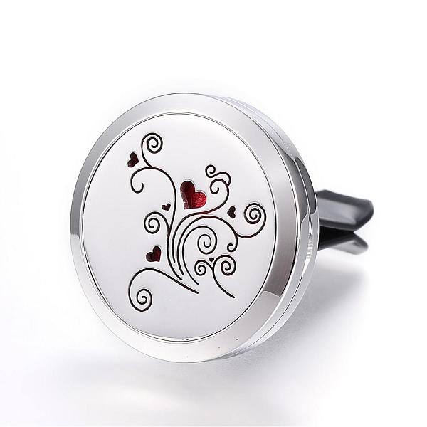 PandaHall 316 Surgical Stainless Steel Car Diffuser Locket Clips, with Perfume Pad and Magnetic Clasps, Flat Round with Flower, Red, 30x7mm...