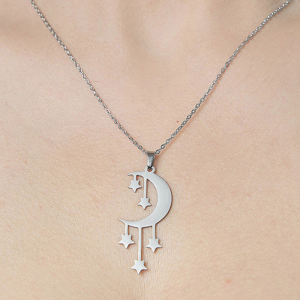 

PandaHall 201 Stainless Steel Moon with Star Pendant Necklace, Stainless Steel Color, 17.72 inch(45cm) 201 Stainless Steel Moon