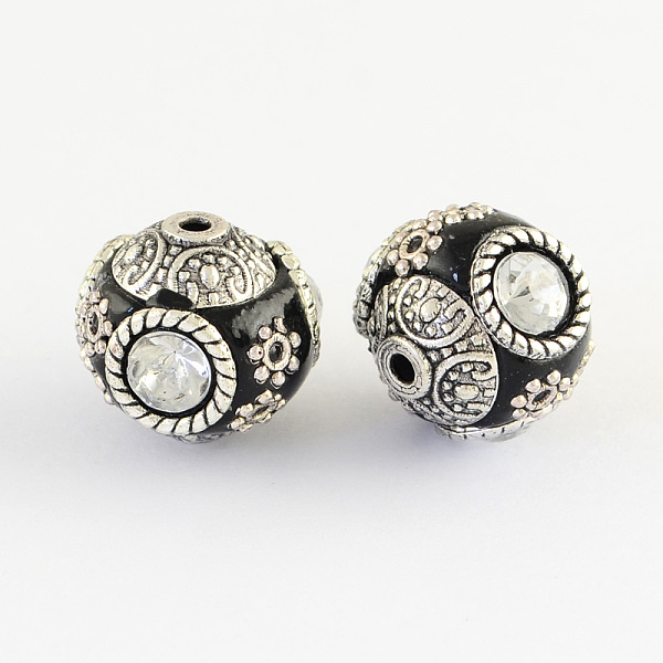 

PandaHall Handmade Indonesia Round Beads, with Glass Cabochons and Antique Silver Metal Color Double Alloy Cores, Black, 14~15x15~16mm, Hole...