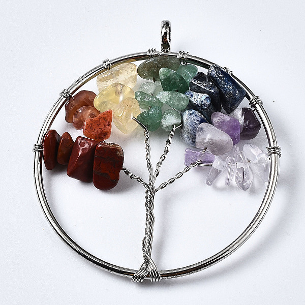 

PandaHall Natural & Synthetic Mixed Stone Bead Brass Wire Wrapped Big Pendants, Tree of Life, Dyed, Platinum, 56.5x52x5mm, Hole: 3mm Mixed...