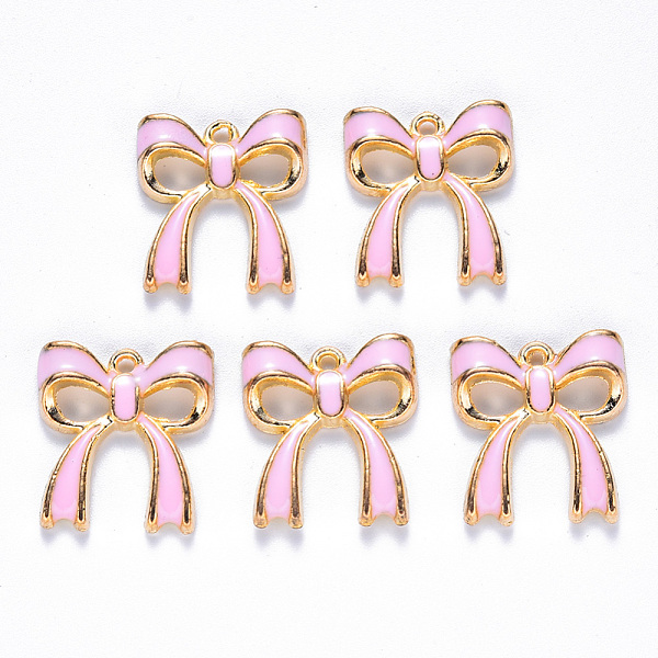 

PandaHall Alloy Enamel Pendants, Bowknot, Light Gold, Pearl Pink, 19.5x17.5x2.5mm, Hole: 1.5mm Alloy+Enamel Bowknot Pink