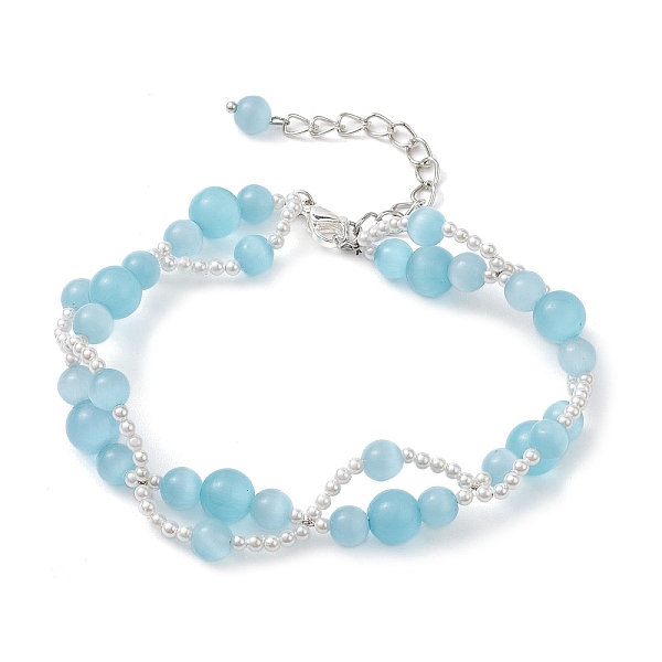 

PandaHall Round Cat Eye & Shell Pearl Beaded Bracelets, Beach Shell Shape Bracelets for Women, Light Blue, 8 inch(20.2cm) Glass Shell Shape