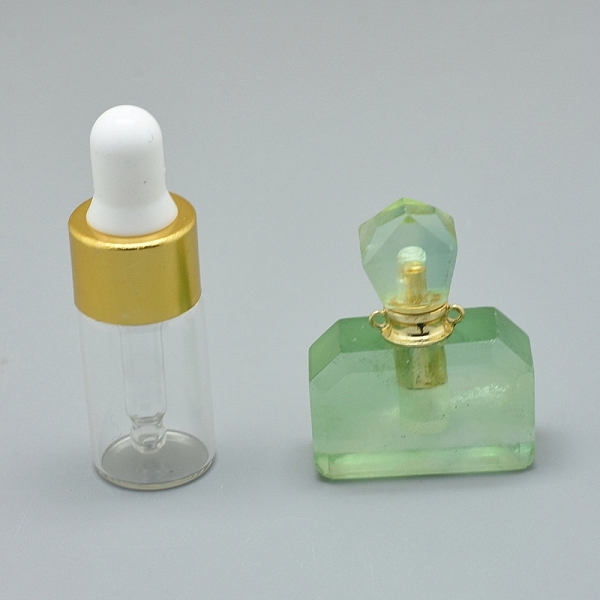 PandaHall Faceted Natural Fluorite Openable Perfume Bottle Pendants, with Brass Findings and Glass Essential Oil Bottles, 35x28x12.5mm, Hole...