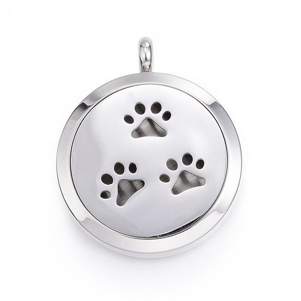 PandaHall 316 Surgical Stainless Steel Diffuser Locket Pendants, with Perfume Pad and Magnetic Clasps, Flat Round with Paw Print, Stainless...