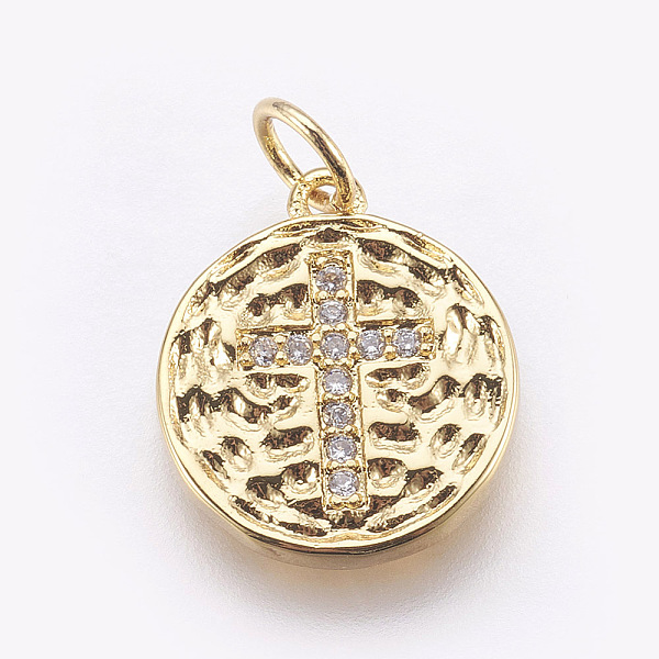 

PandaHall Brass Micro Pave Cubic Zirconia Charms, Lead Free & Cadmium Free, Flat Round with Cross, Golden, 15x13x2mm, Hole: 3mm Brass+Cubic..., Clear