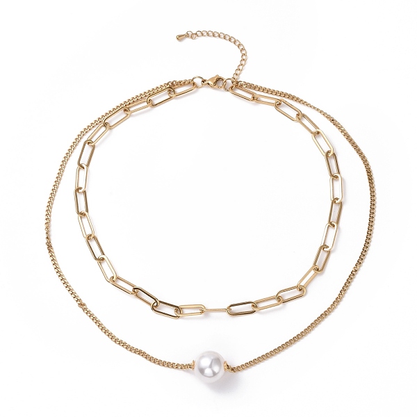 

PandaHall Vacuum Plating 304 Stainless Steel Double Chains Multi Layered Necklaces Necklace with Plastic Pearl Beaded for Women, Golden...