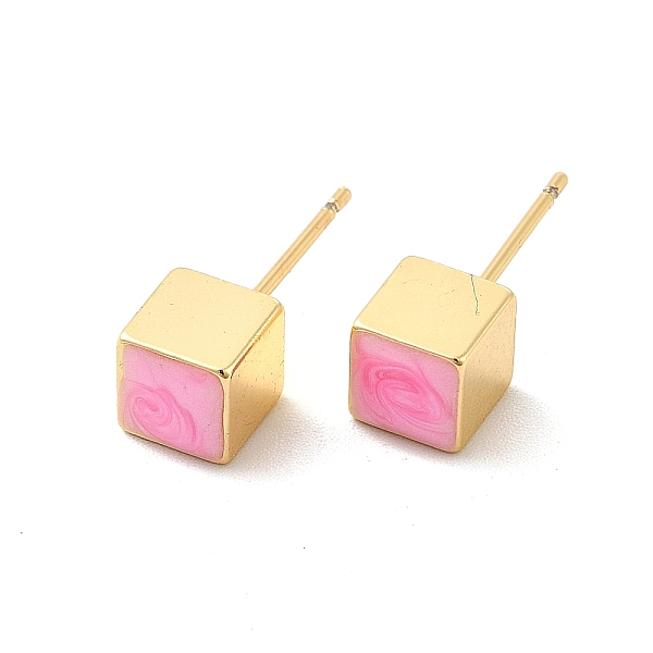 

PandaHall Enamel Cube Stud Earrings, Real 18K Gold Plated Brass Jewelry for Women, Pearl Pink, 6x6mm, Pin: 0.8mm Brass Cube