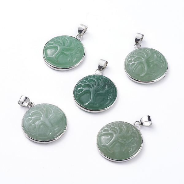 

PandaHall Natural Green Aventurine Pendants, with Platinum Tone Brass Pendant Settings, Flat Round with Tree, 28~29x24~25x6~7mm, Hole: 6x4mm...