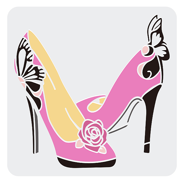 PandaHall FINGERINSPIRE High Heel Stencil 30x30cm Women Shoe Template with Rose Flower Butterfly Pattern, Large Reusable Painting Stencils...
