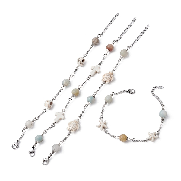 

PandaHall 4Pcs 4 Style Natural Flower Amazonite & Synthetic Turquoise Beaded Link Chain Bracelets Set, Skull & Cross & Tortoise & Starfish...
