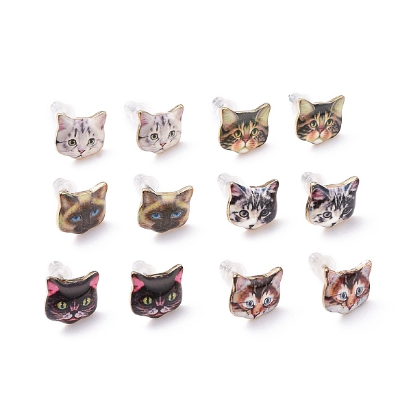 

PandaHall Real 14K Gold Plated Alloy Kitten Stud Earrings, with Enamel and Environment Stainless Steel Pin, Printed, Cat Pattern, Mixed..., Multicolor