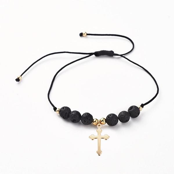 

PandaHall Adjustable Braided Bead Bracelets, with Natural Lava Rock Beads, Nylon Thread, Golden Plated 304 Stainless Steel Pendants and..., Black