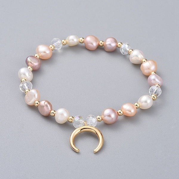

PandaHall Charm Bracelets, with Natural Cultured Freshwater Pearl Beads, Glass Beads, Brass Round Spacer Beads and Brass Pendants, Crescent...