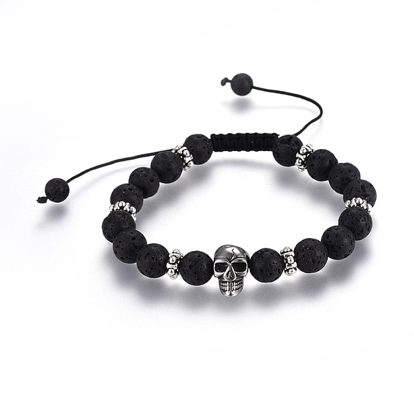 

PandaHall Adjustable Natural Lava Rock Braided Bead Bracelets, with Stainless Steel Beads and Tibetan Style Spacer Beads, Skull, 2 inch~3...