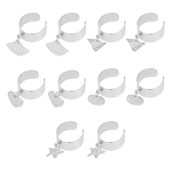 

PandaHall 10Pcs 10 Style 304 Stainless Steel Open Cuff Rings Set, with Textured Charms, Star & Rhombus & Flat Round & Heart & Triangle...