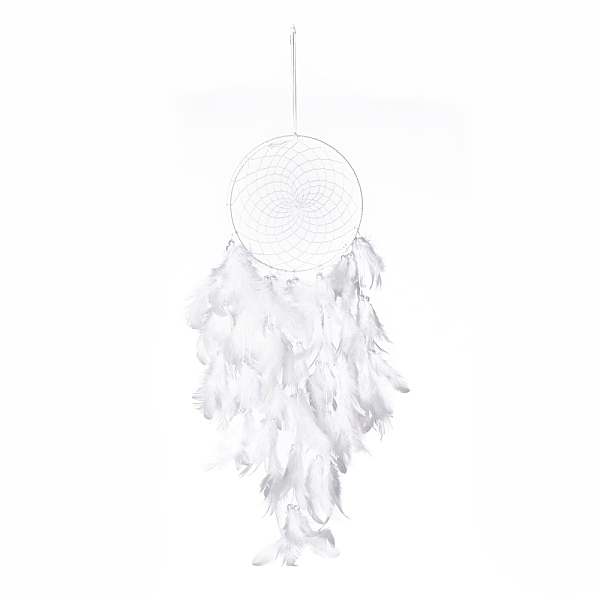 PandaHall Handmade Round Leather Woven Net/Web with Feather Wall Hanging Decoration, with Iron Rings, Plastic Beads, for Home Offices Amulet...