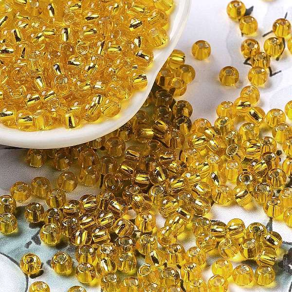 

PandaHall Glass Seed Beads, Silver Lined, Round Hole, Round, Gold, 4x3mm, Hole: 1.2mm, 6429pcs/pound Glass Gold