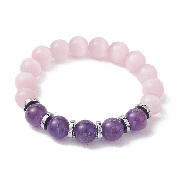 

PandaHall 10mm Round Natural Amethyst & Cat Eyes Beaded Stretch Bracelet for Women, Inner Diameter: 2-1/4 inch(5.6cm) Amethyst Round