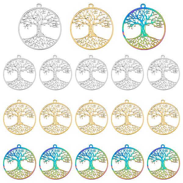 

PandaHall DICOSMETIC 18Pcs 3 Colors 304 Stainless Steel Pendant, Hollow Charms, Flat Round with Tree of Life, Mixed Color, 38x35x1.5mm, Hole...