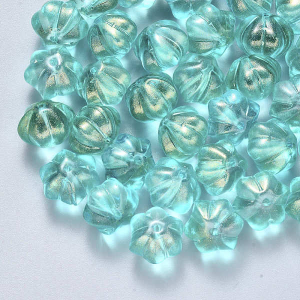 

PandaHall Transparent Spray Painted Glass Beads, with Glitter Powder, Flower, Aquamarine, 10.5x9.5x8mm, Hole: 1mm Glass Flower Green