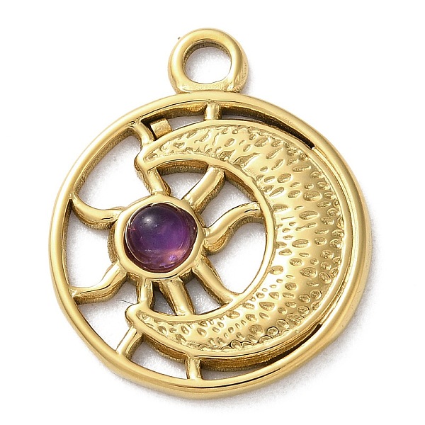 

PandaHall Vacuum Plating 316 Stainless Steel Pendants, with Natural Amethyst, Flat Round, Real 18K Gold Plated, 24.5x20x3.5mm, Hole: 2.7mm...
