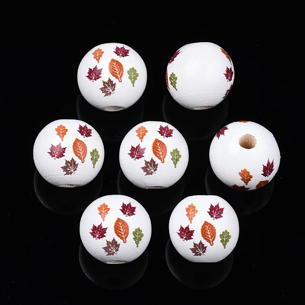 

PandaHall Halloween Printed Natural Wood Beads, Round with Leaf, Colorful, 15.5x14.5mm, Hole: 4mm Schima Wood Leaf